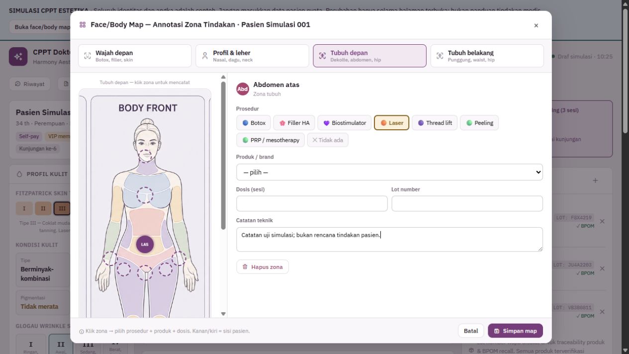 Body map interaktif dengan zona tubuh dan formulir anotasi tindakan