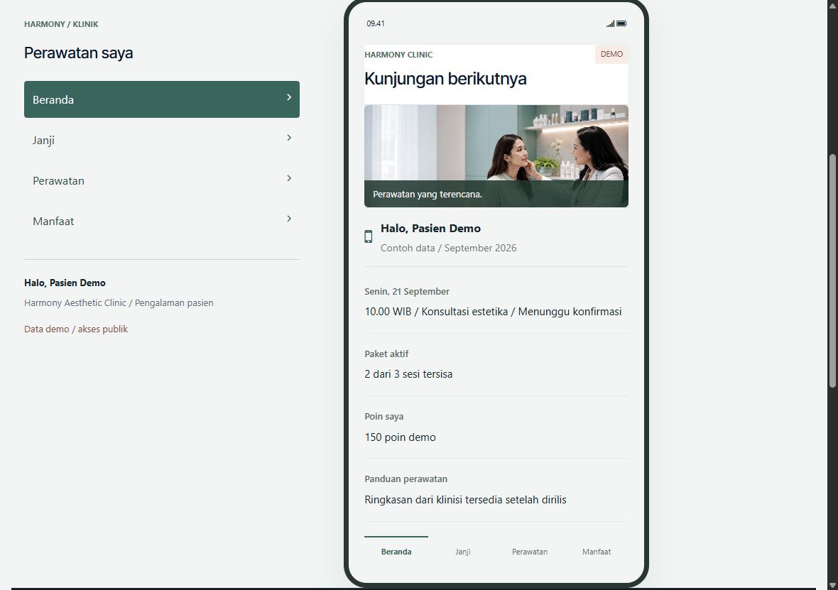 Pratinjau rancangan aplikasi pasien dengan janji konsultasi, paket, dan poin